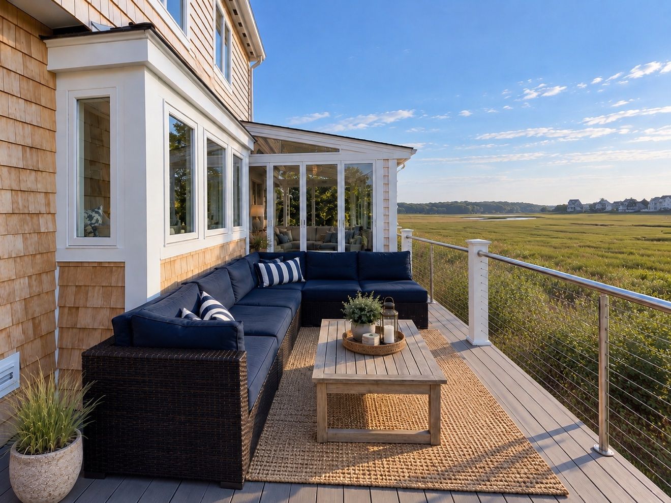 The rear deck of The Egret’s Nest at golden hour, with outdoor seating overlooking the South River marsh