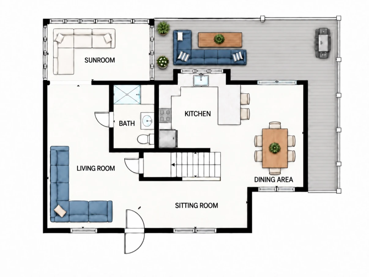 First floor plan of The Egret's Nest showing the sunroom, living room, sitting room, kitchen, dining area, bathroom, and rear deck