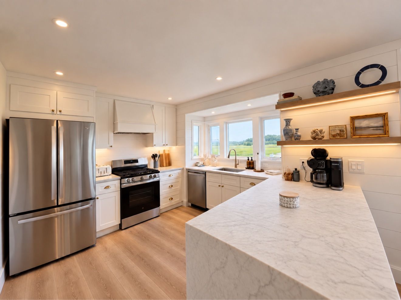 Renovated white kitchen with stainless appliances, marble island, and marsh views